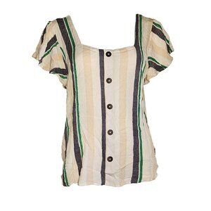 PEACE & PEARLS White Green Gray Striped Button Front Top Womens Size XL